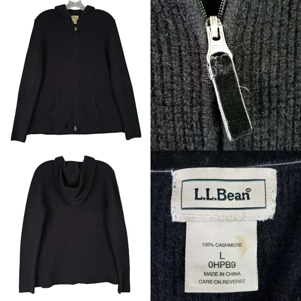 LL Bean Sweater Womens Size Large L Black Full Zip Knit Cashmere LS Hooded